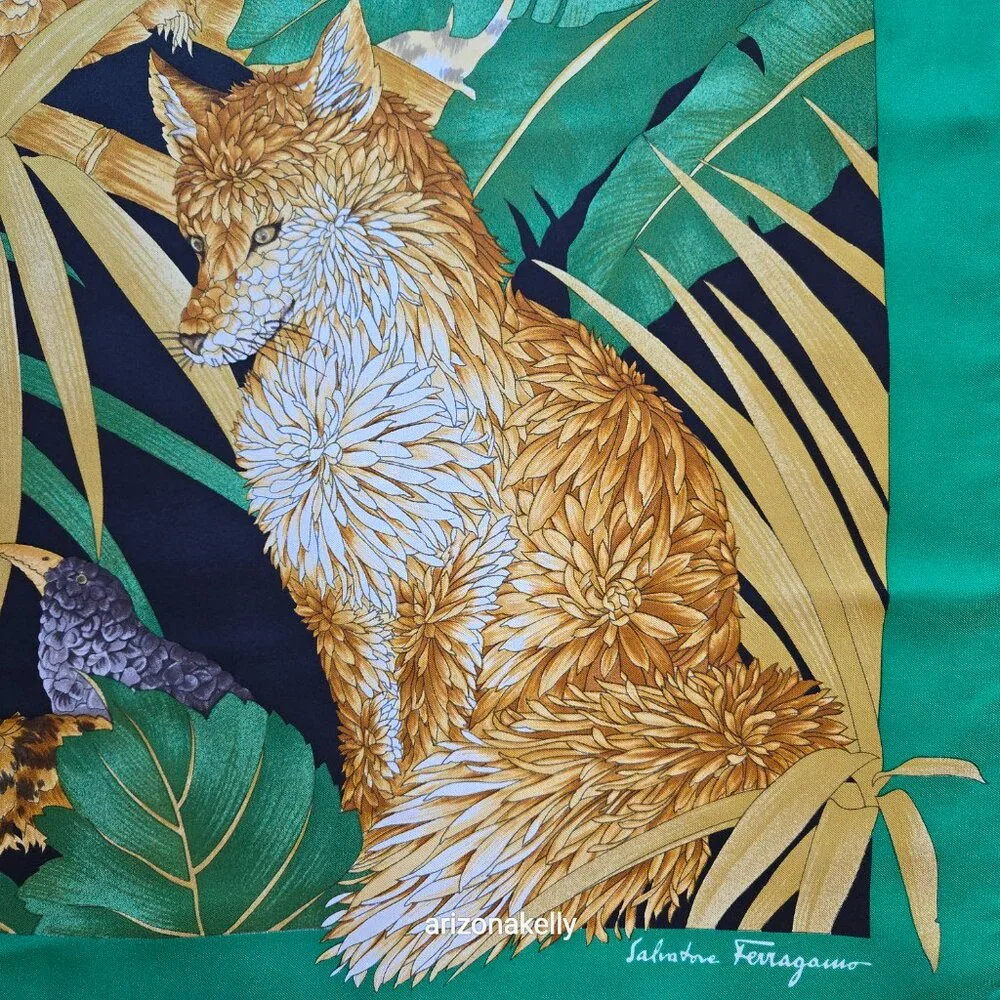 Salvatore Ferragamo Silk Carré Scarf Big Cats, Fox, Bird in Floral Style Jungle